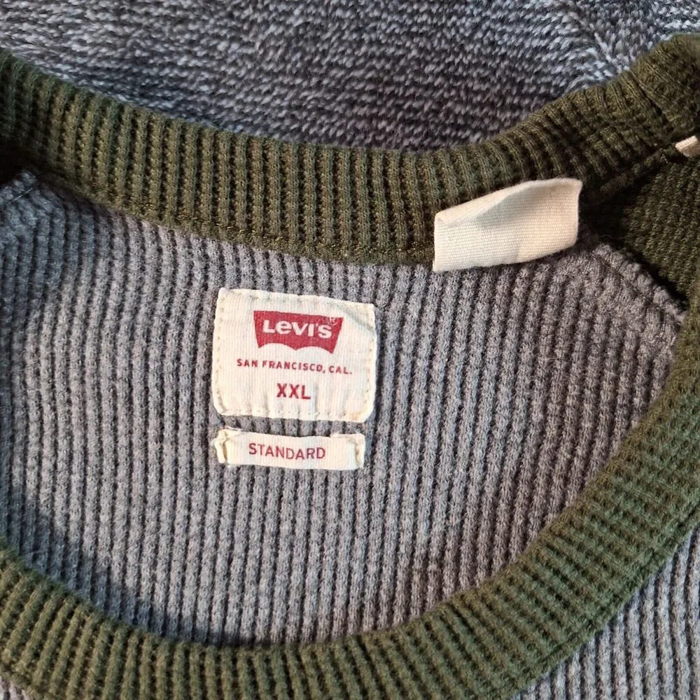 Levis Thermal Knit‎ Raglan Shirt Mens XXL Army Green Gray Waffle Knit 80's Vibe